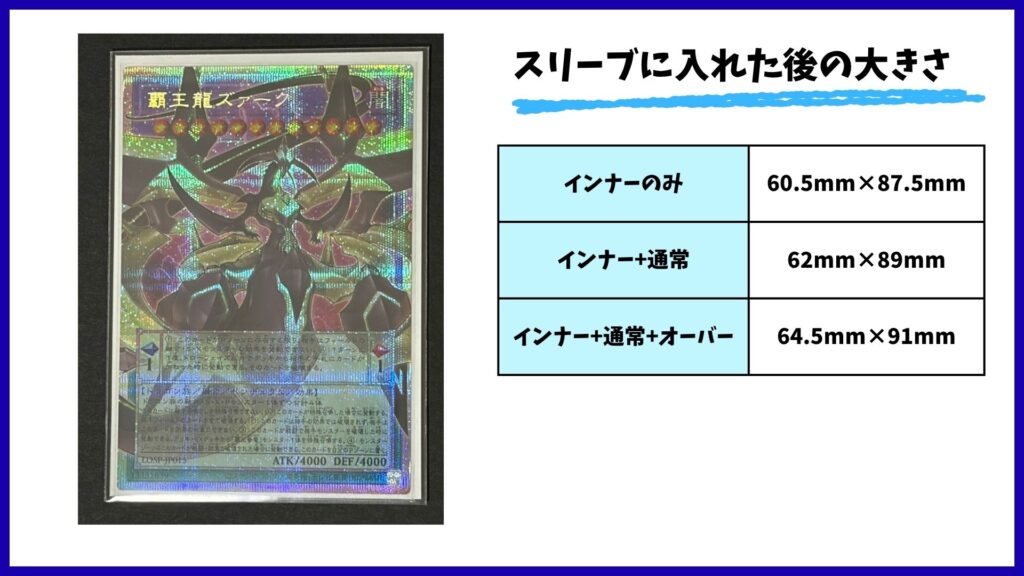 【スリーブに入れた後の大きさ】<遊戯王>インナー:60.5mm×87.5mm/インナー+通常:62mm×89mm/インナー+通常+オーバー:64.5mm×91mm