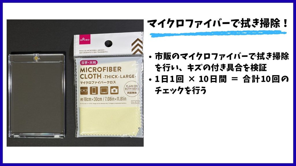 【拭き掃除の手順】
①市販のマイクロファイバーで拭き掃除を行い、キズの付き具合を検証
②1日1回 × 10日間 = 合計10回のチェックを行う