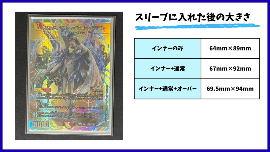 【スリーブに入れた後の大きさ】<デュエマ>インナー:64mm×89mm/インナー+通常:67mm×92mm/インナー+通常+オーバー:69.5mm×94mm